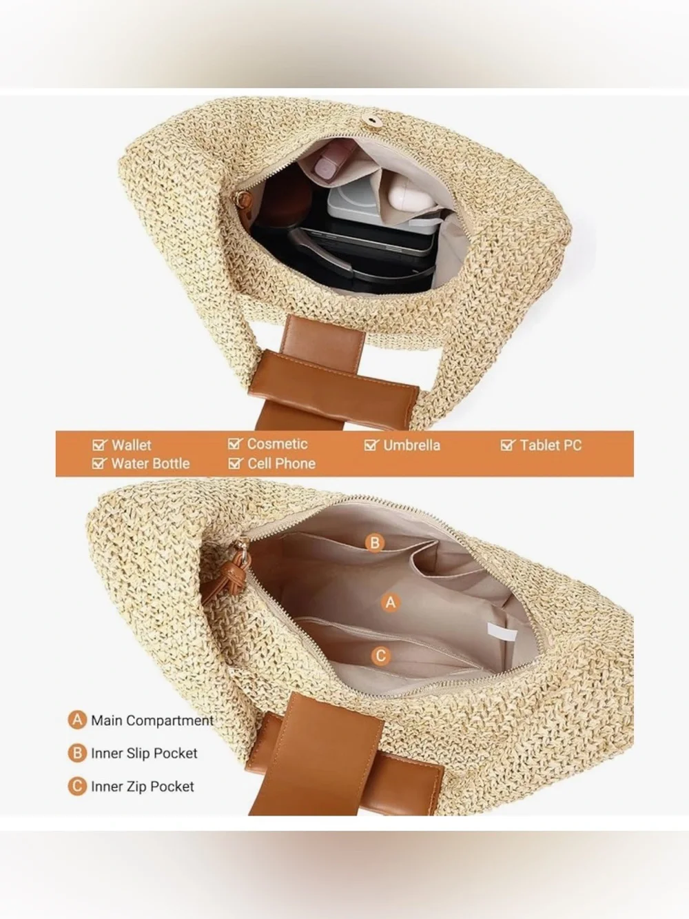 Straw Woven Hobo Shoulder Purse for Women, Medium Summer Beach Raffia Bag